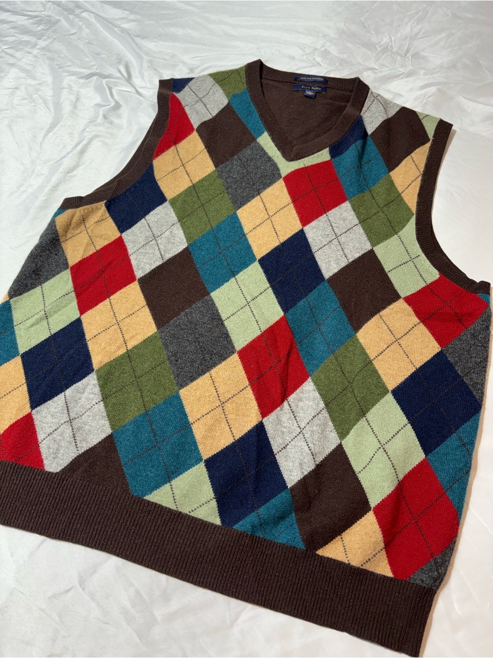 Club Room Cashmere Sweater Vest Large L Argyle Brown Teal Blue Dark Academia